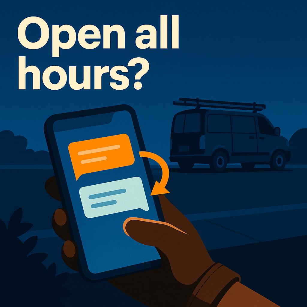 A phone at night showing an automatic text reply to a missed call, with a work van parked on the street behind.
