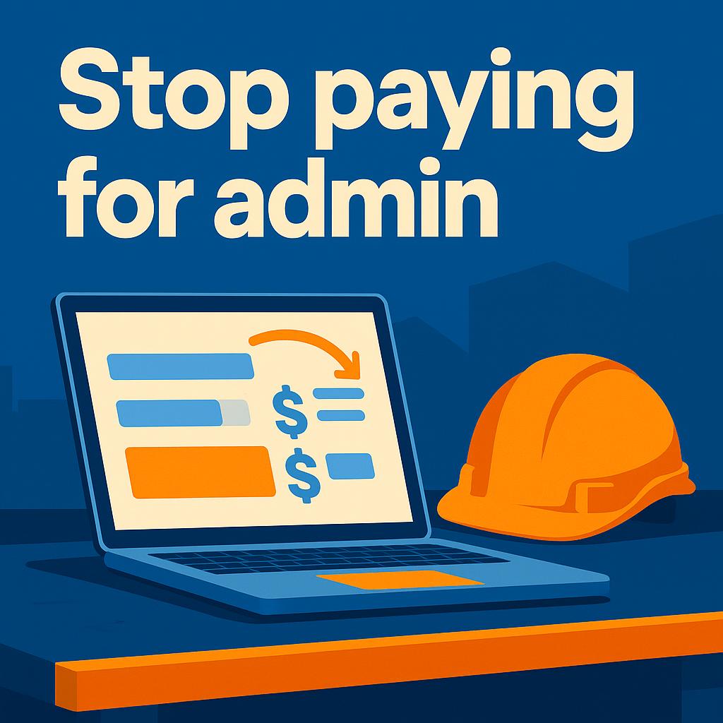 A laptop beside a hard hat showing admin costs being cut, the saving AI automation cost for trades is measured against.