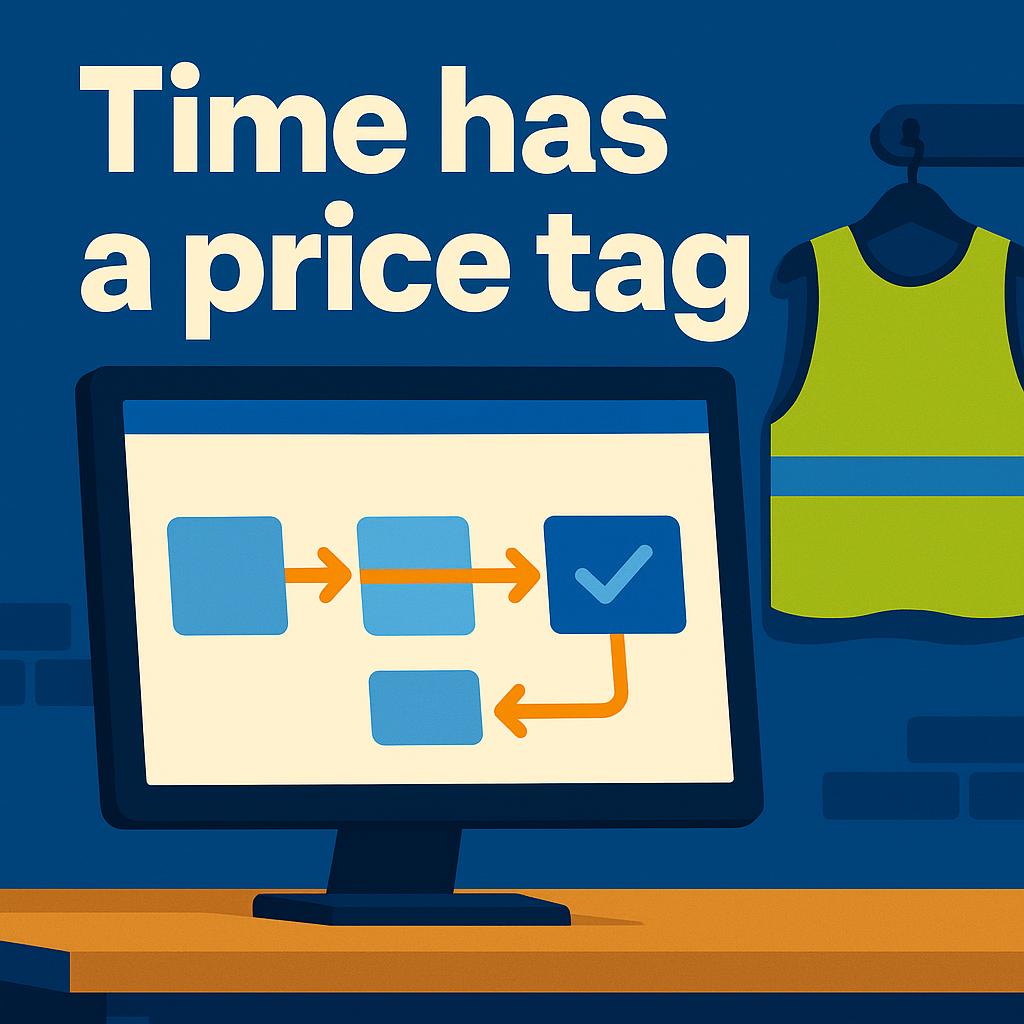 A workflow diagram on a monitor with a hi-vis vest hanging nearby, showing that admin time has a price tag.