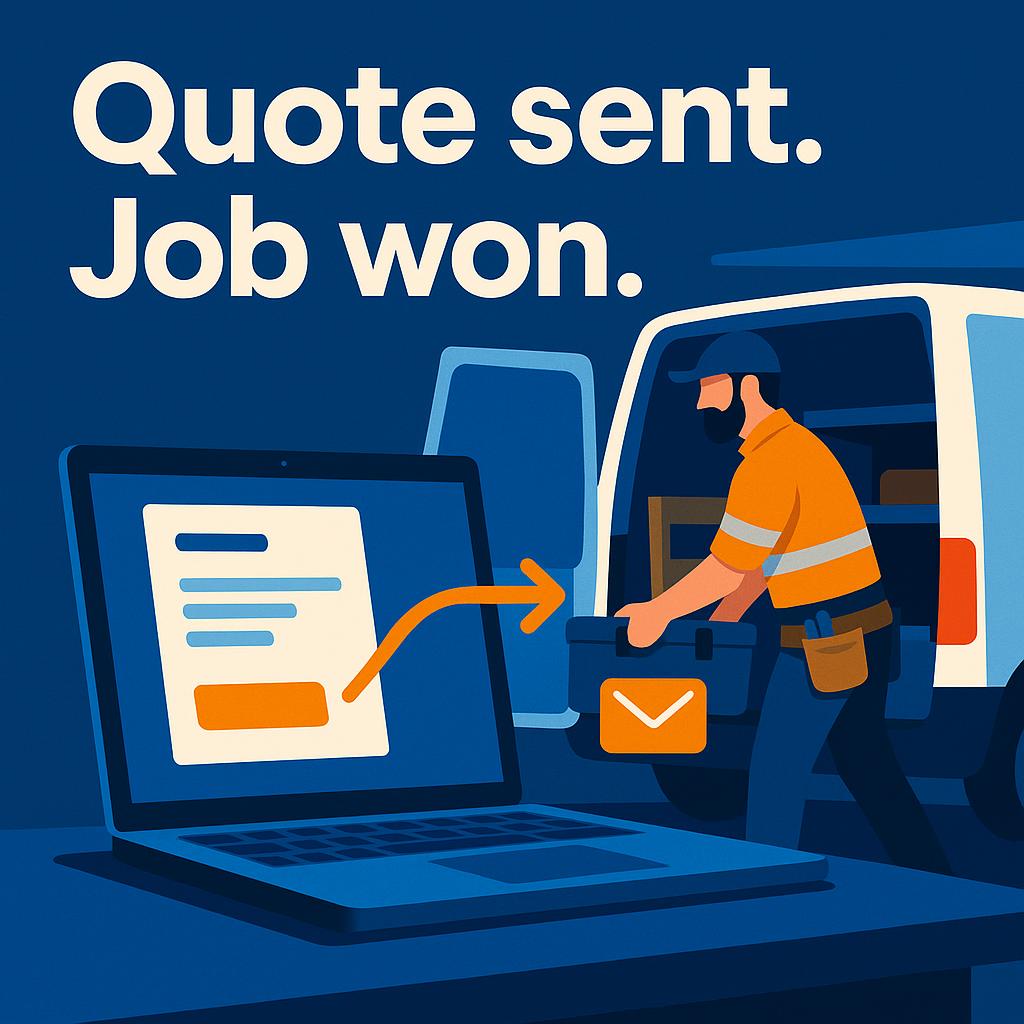 A laptop generating and emailing a quote while a tradie packs the van behind it, quoting automation for tradies running unattended.