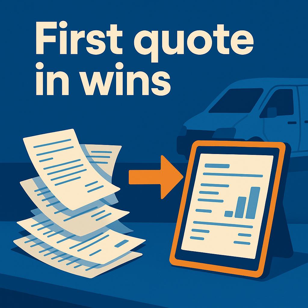 A cluttered paper quote process beside a clean digital quote on screen, the change quoting automation for tradies makes.