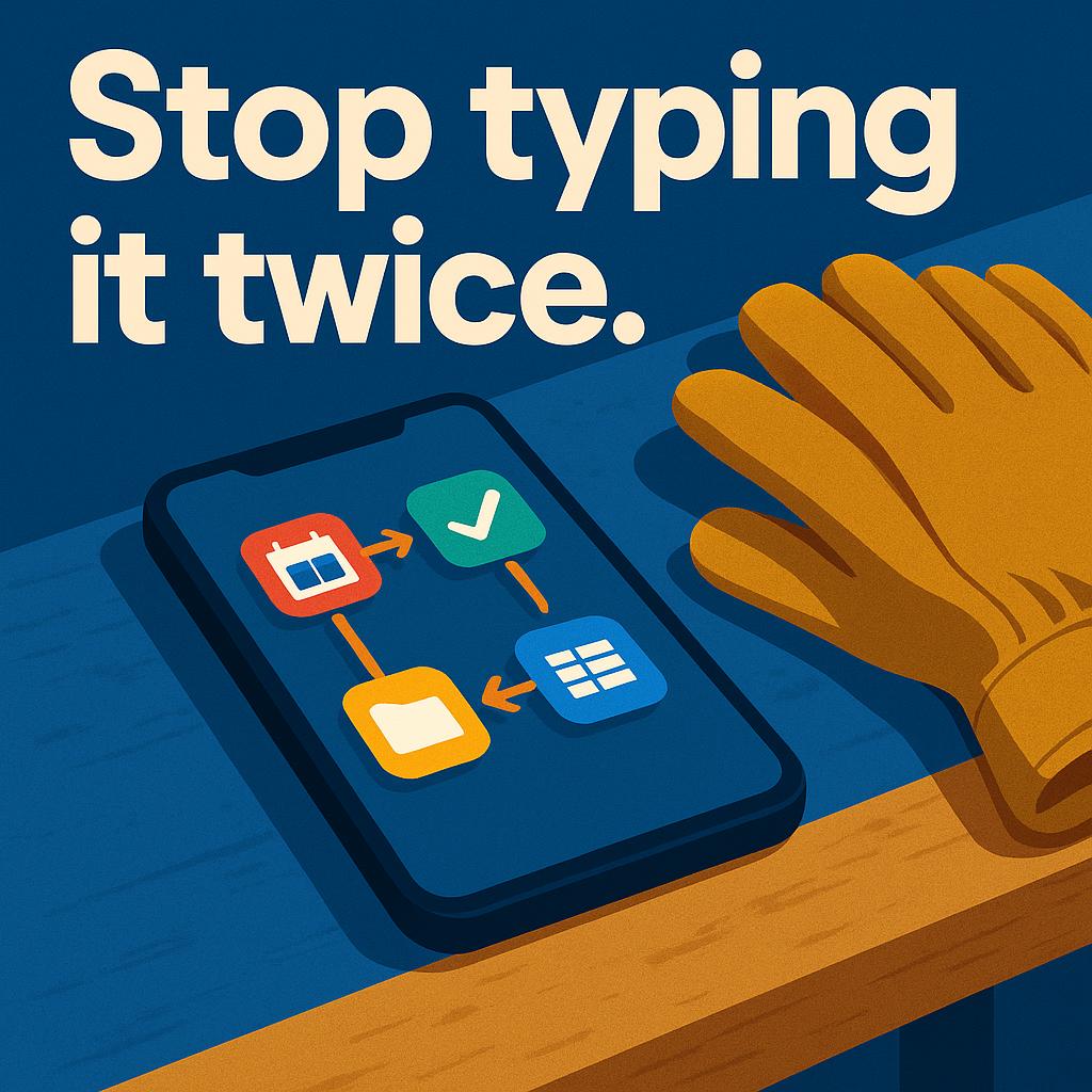 App icons syncing on a phone screen resting on a tradie's workbench beside safety gloves.