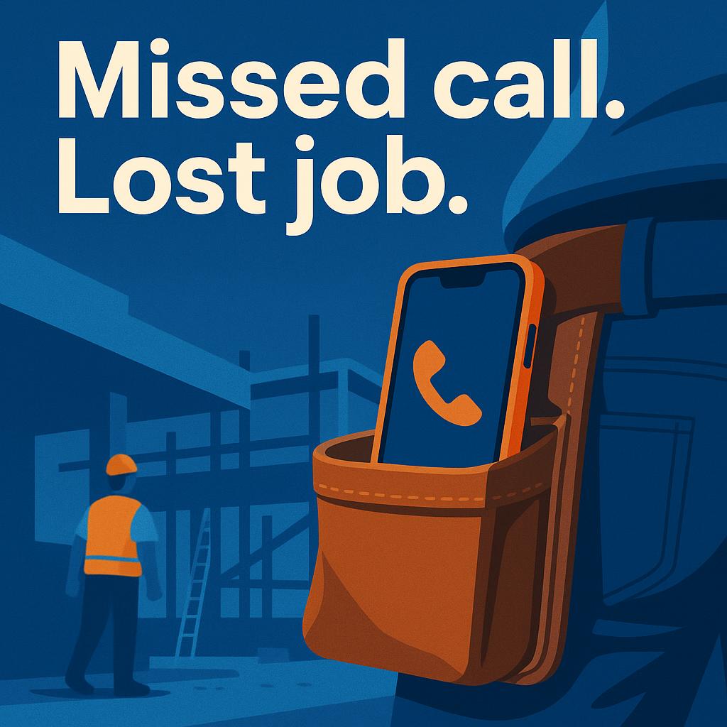 A tradie's workbelt and phone on a site with the screen turned away, the missed call AI chatbots for Brisbane trades are built to catch.