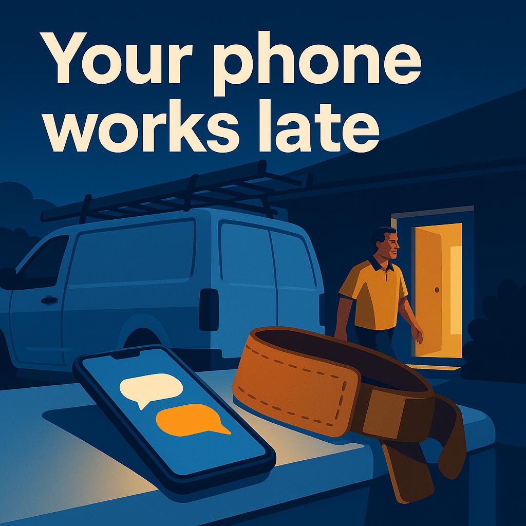 A phone glowing on the sill of a work van at night showing a chat reply, the after-hours gap AI automation for plumbers closes.