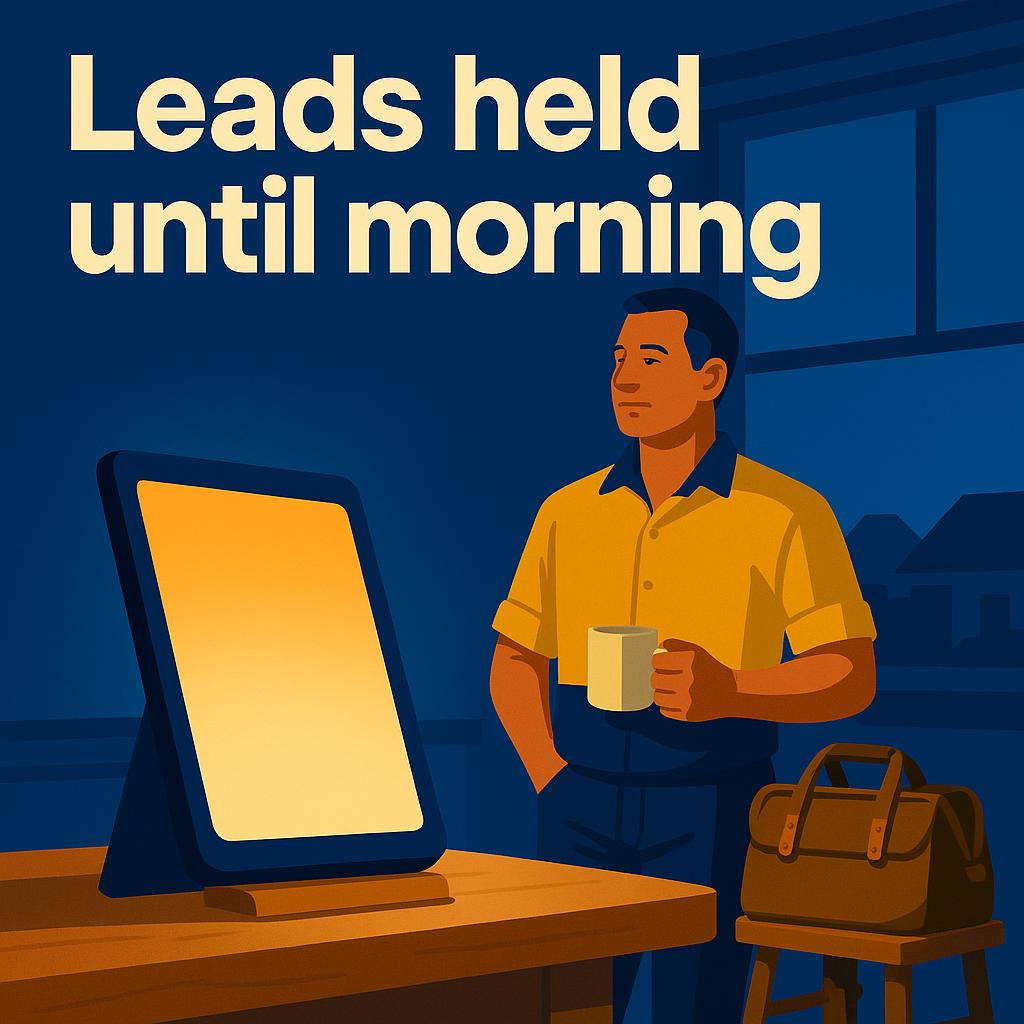AI chatbots for Brisbane trades working after hours: a tradesman relaxes with a mug in an evening kitchen while a tablet glows on the bench.