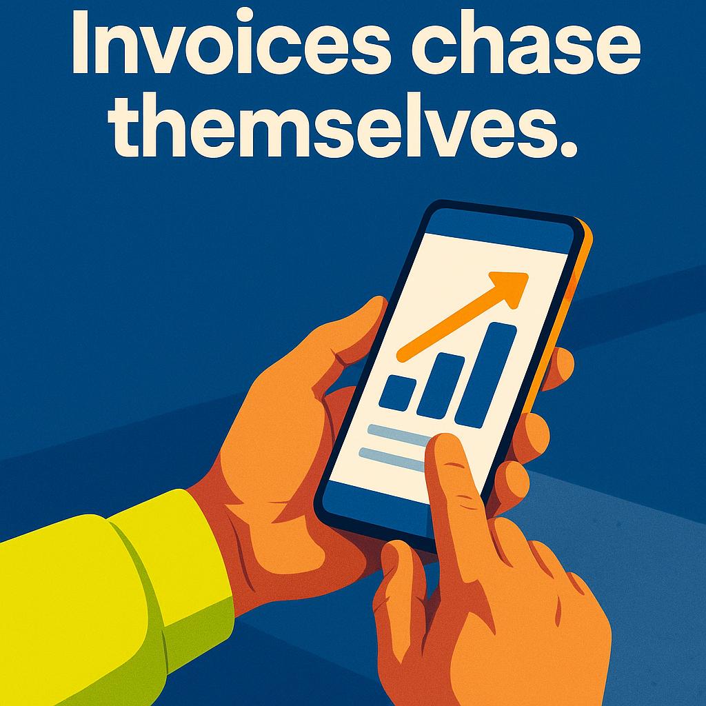 A tradie's hands in hi-vis sleeves holding a phone with the display turned away, the daily reality of invoice chasing for trades.