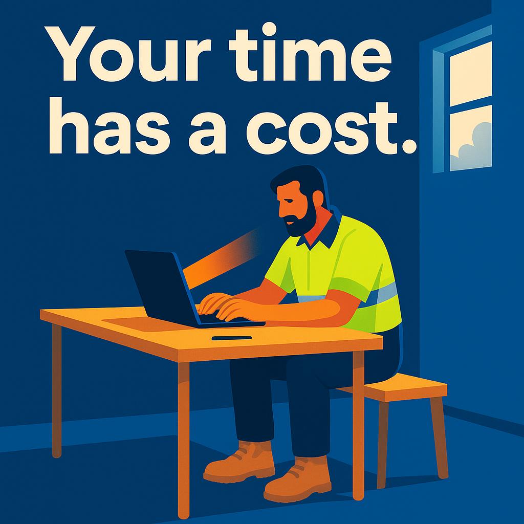 A tradie at a plain timber desk with a laptop in a site office, the evening paperwork of a manual admin trade business.